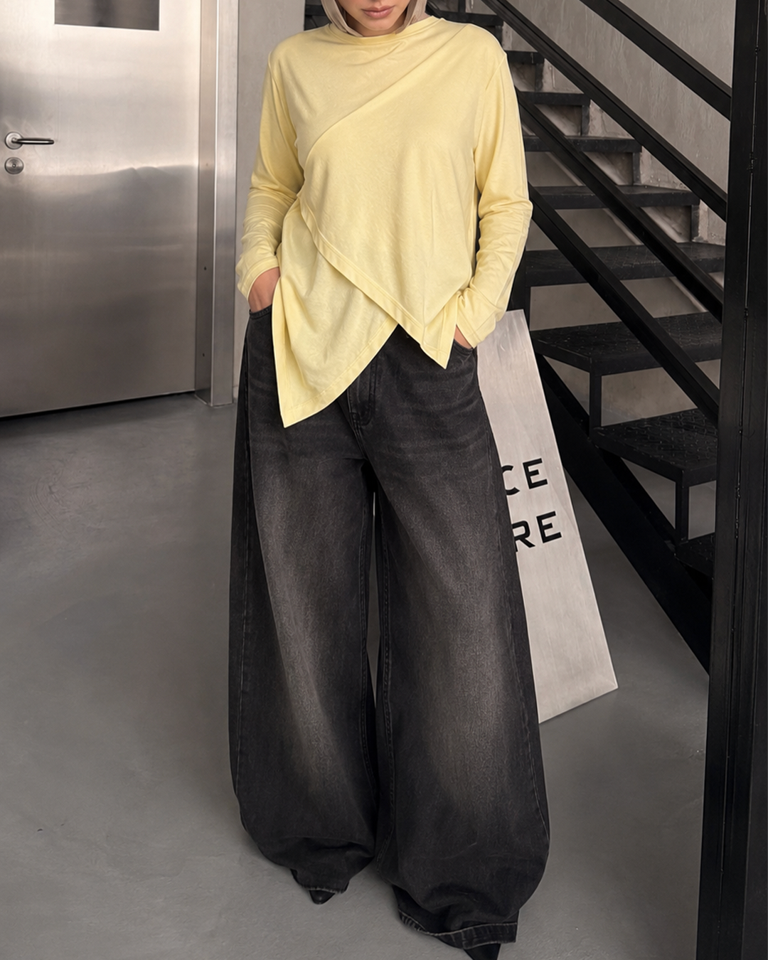 Asymmetrical cotton yellow butter blouse