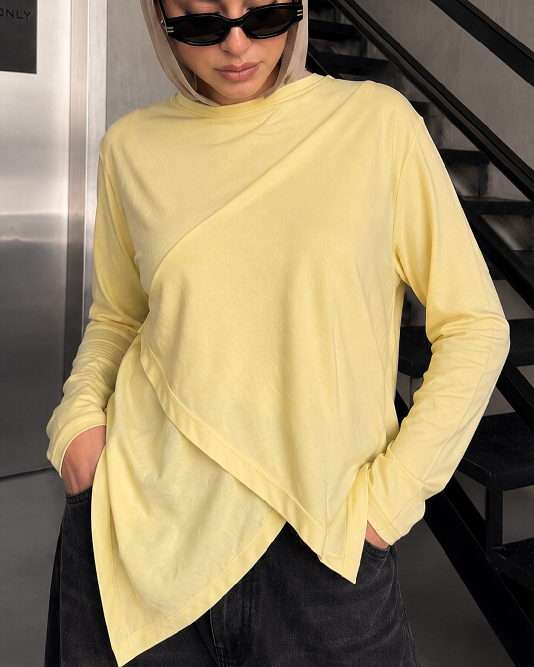 Asymmetrical cotton yellow butter blouse