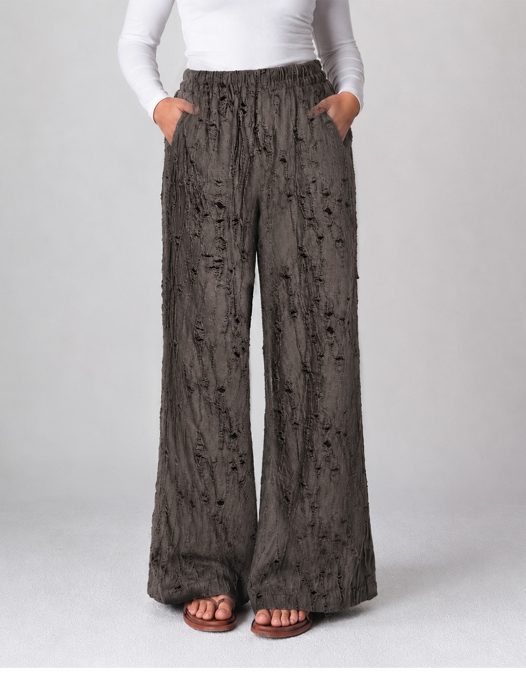 Crinkle Jacquard Wide-Leg Pants , olive