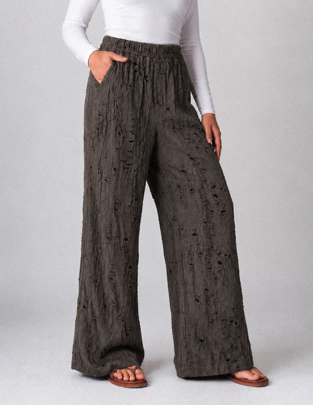 Crinkle Jacquard Wide-Leg Pants , olive