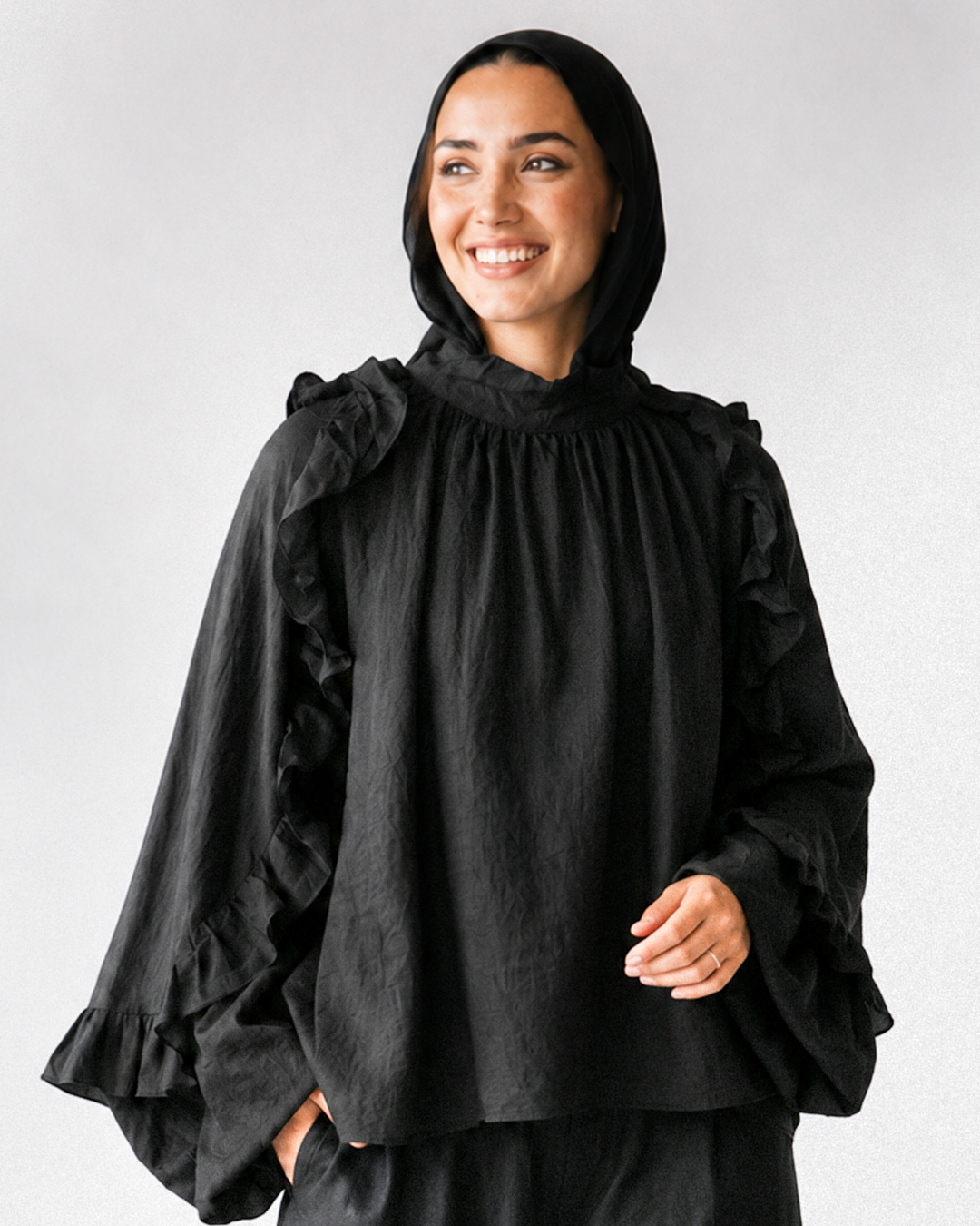 Miral linen ruffle blouse black