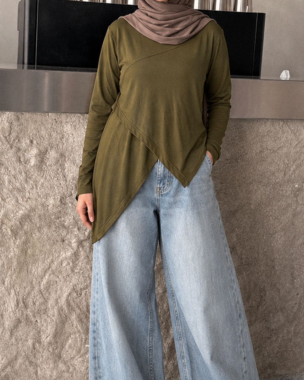 Asymmetrical cotton olive blouse