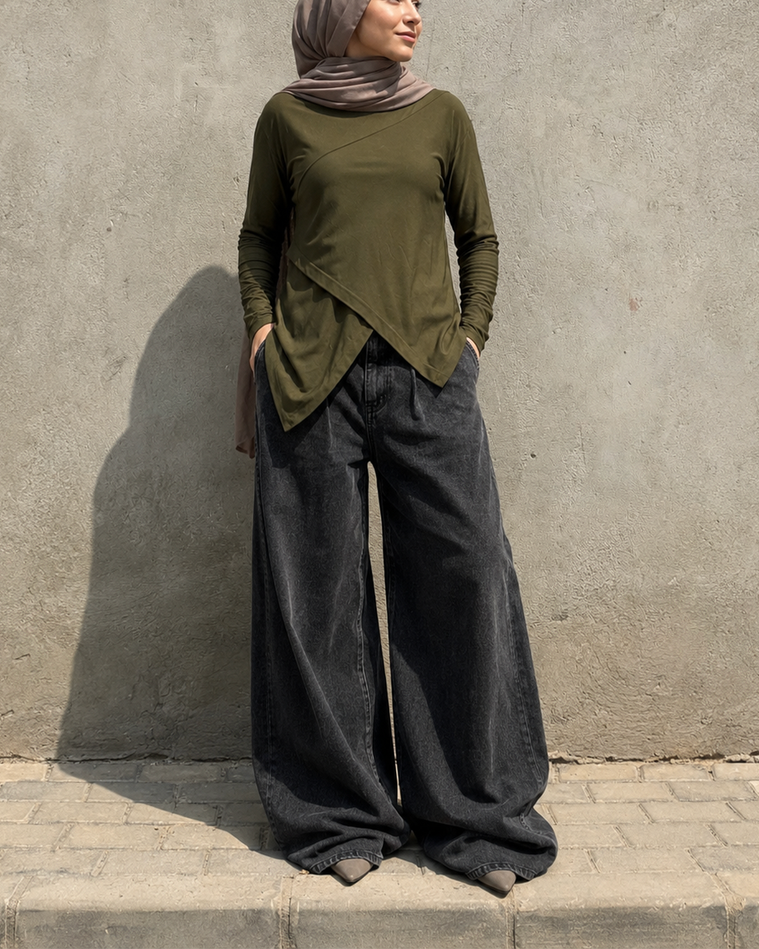 Asymmetrical cotton olive blouse