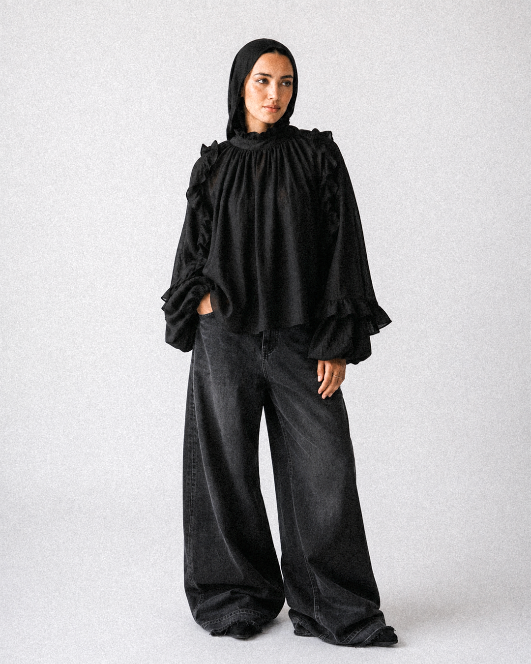 Miral linen ruffle blouse black