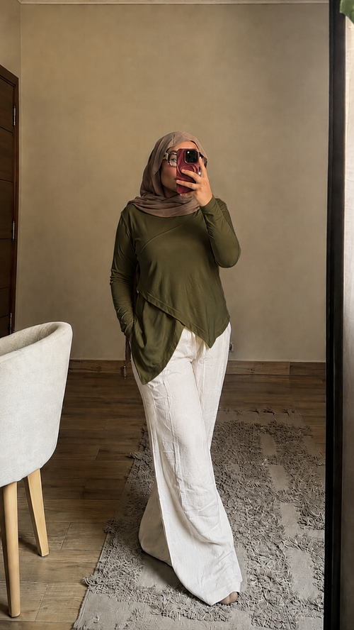 Asymmetrical cotton olive blouse